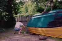 A simple, but well-designed, stable and versatile fiber glass open boat. It ran fast with a 15HP Yamaha outboard engine. It was left after the sale<br> of Skovly in 1987 in need of major repairs. These were carried out with limited success. The boat was moored on a buoy<br>outside  my boat house at Flaskebekk, Nesodden and used for day trips in inner Oslofjord.