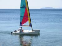 A smaller and simpler catamaran compared with the more common 14' cat (the Wave could be disassembled and brought on top of car). It was made from<br>polyetylen I believe and not from fiberglass. Easy to sail and to capsize which happened a number of times by falling over both sideways as well as<br>forward (with the wind from aft). It was quite easy to right With the right type of rope. The boat was bought from John Wee's dive shop in Makati and <br>kept on land or on buoy outside my beach house in Ligaya, Mabini, Batangas. I sailed the Ligpo - Anilao - Maricaban part of Balayan Bay.