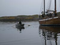 I tried this aluminium dingy as an alternative to the inflatables. It was very light and easy to tow, however it froze into the winter ice<br>in Bundefjorden and had to be freed through some heavy-handed work with an ice-ax which destroyed some of the rivets used in the hull. <br>I eventually considered inflatables to be more practical.