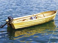 I bought this wooden boat from a builder in Tustna, North-west Norway. Too wide for rowing (possible, but impractical), and thus used with<br>a 6HP long-stem Tohatsu outboard. The pine boards blackened already after the first season and was subsequently impregnated with lineseed<br>oil. I suspect that the quality of the boards were not  suitable for boat building. The boat was eventually condemned after the 2020 season.<br>The plywood plates used on both sides of the stern to protect the wood against the engine holders had eventually prevented the pine boards <br>between them from breathing and drying, and they eventually got rotten. The boat was moored on a buoy outside my boat house at Rudstrand.